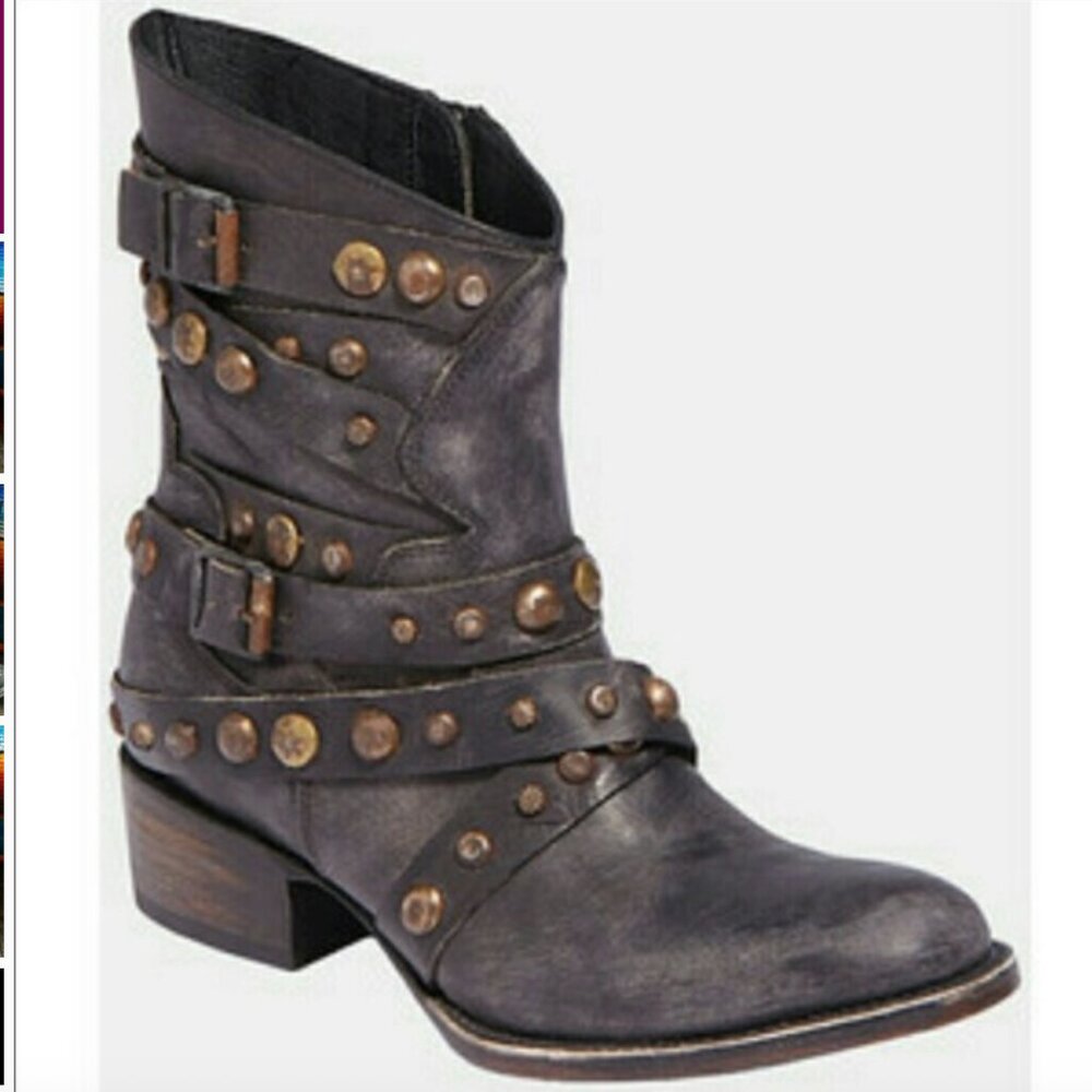 Freebird Haley Brown Leather Strappy Studded Ankle Boots Size 9